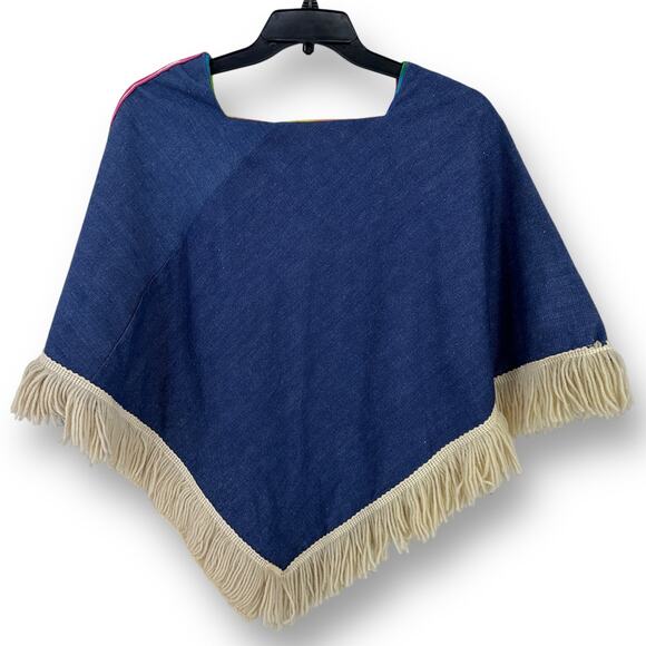 Vintage 70s Three Squares Fringe Button Rainbow Lined Denim Jean Poncho - Picture 4 of 8